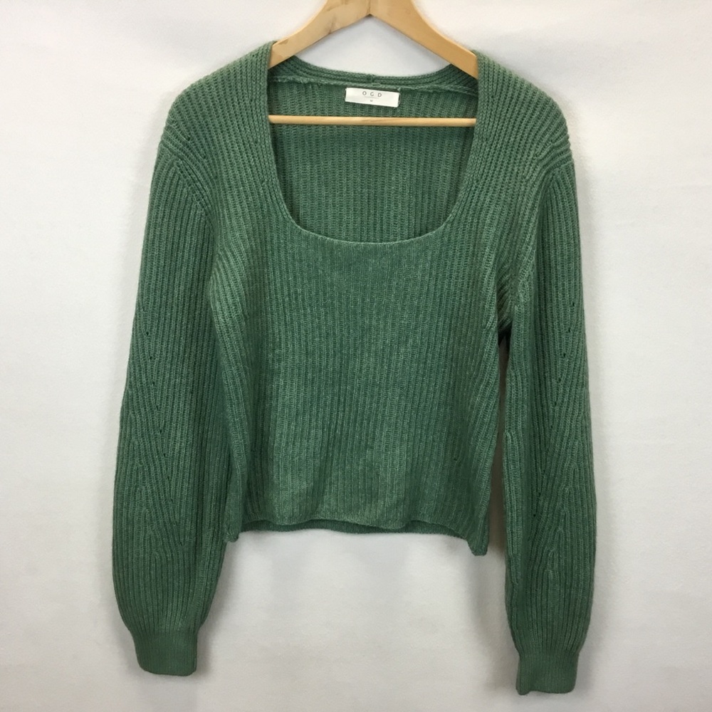 One Grey Day Sienna Sweater Green Square Neck Ribbed Size M Bohemian Cottagecore